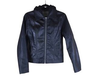 Cavalini Moto Jacket Women’s Small Black Faux Leather Hooded Biker Streetwear